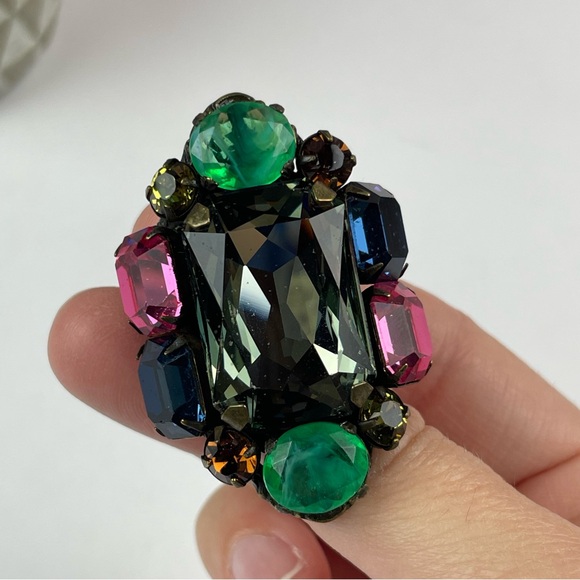 Miriam Haskell 2016 Colorful Green Pink Gold Rhinestone Statement Ring Jewelry - Picture 6 of 10